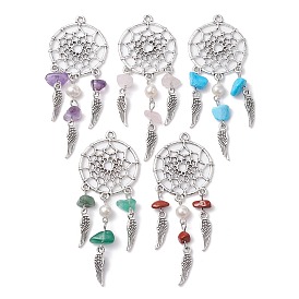 Mixed Gemstone Chip Big Pendants, Antique Silver Plated Alloy Woven Web/Net with Feather Charms, with Natural Cultured Freshwater Pearl, Mixed Dyed and Undyed