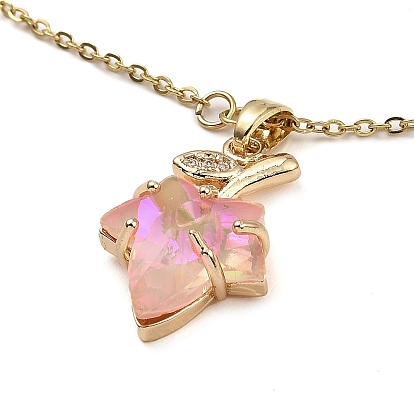 Collares con colgante de circonita cúbica micro pavé de latón dorado claro con hoja de arce, con vidrio
