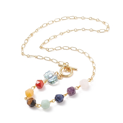 Natural Mixed Gemstone Beaded Pendant Necklace with Glass Lotus, 7 Chakra Jewelry for Women, Golden
