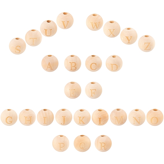 52 шт 26 стили необработанные натуральные деревянные европейские бусины, бусины с большим отверстием, лазерная гравировка, круглый со словом