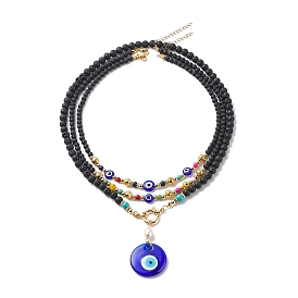 3Pcs 3 Style Lampwork Evil Eye Pendant Necklaces Set, Natural Lava Rock & Pearl Beaded Stackable Necklaces for Women