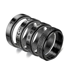 Star & Moon & Sun & Cross Titanium Steel Rotatable Finger Ring, Fidget Spinner Ring for Calming Worry Meditation, Black