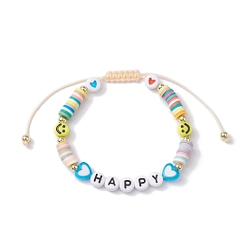Word Happy Heart Smiling Face Acrylic & Polymer Clay Braided Bead Bracelets, Nylon Thread Adjustable Bracelets