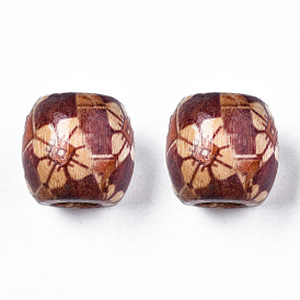 Printed Natural Wood Beads, Large Hole Beads, Barrel with Rhombus & Flower