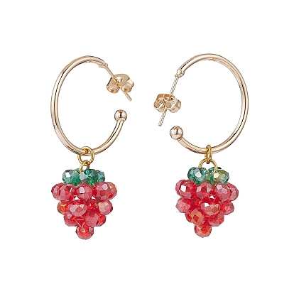 Glass Braided Beaded Strawberry Dangle Stud Earrings, Gold Plated Brass Half Hoop Earrings for Women