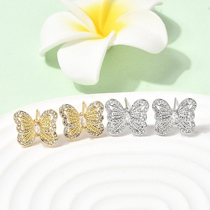 Серьги-гвоздики с бабочками из латуни с микропаве из прозрачных кубических цирконий, долговечный, стойки покрытие, без свинца и без кадмия