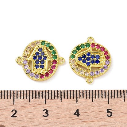 Real 18K Gold Plated Brass Micro Pave Colorful Cubic Zirconia Connector Charms, Religion Oval Links with Hamsa Hand/Cross/Virgin