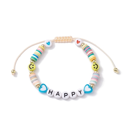 Word Happy Heart Smiling Face Acrylic & Polymer Clay Braided Bead Bracelets, Nylon Thread Adjustable Bracelets
