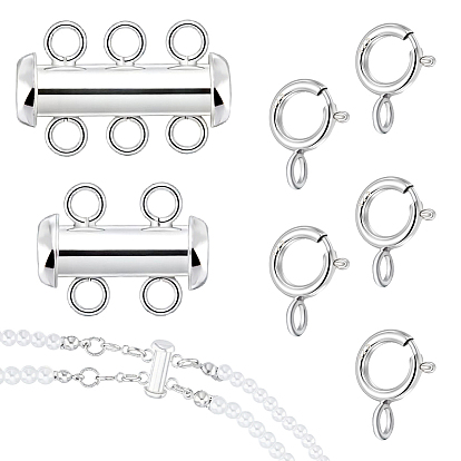2 Sets 2 Styles Sterling Silver Slide Lock Clasps, Peyote Clasps, with 5Pcs Spring Ring Clasps