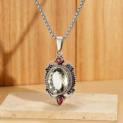 Alloy Glass Hollow Oval Pendant Necklaces for Women, Dark Sea Green