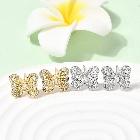 Серьги-гвоздики с бабочками из латуни с микропаве из прозрачных кубических цирконий, долговечный, стойки покрытие, без свинца и без кадмия