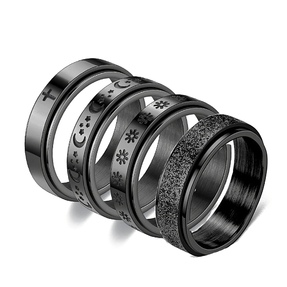 Estrella, luna, sol y cruz 201 Anillo giratorio de acero inoxidable, Anillo giratorio para calmar la preocupación y la meditación., negro