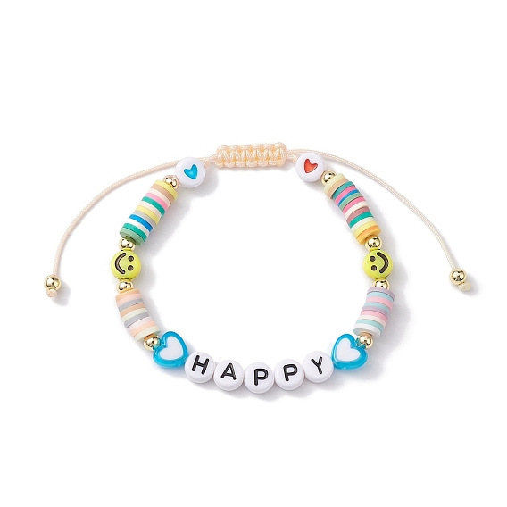 Word Happy Heart Smiling Face Acrylic & Polymer Clay Braided Bead Bracelets, Nylon Thread Adjustable Bracelets