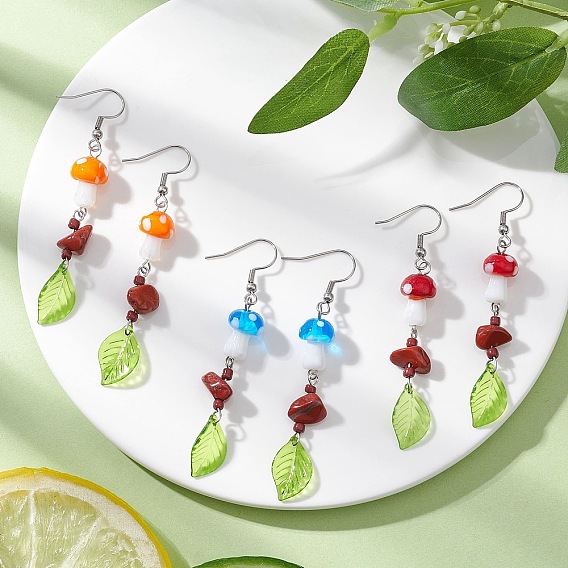 3 пары серег-грибов в стиле лэмпворк, с натуральной красной яшмой и 304 крючками для сережек из нержавеющей стали