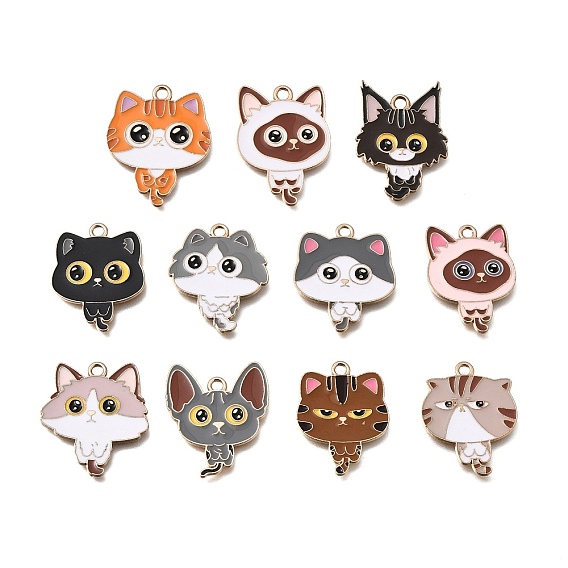 Alloy Enamel Pendants, Cat Shape Charms, Light Gold