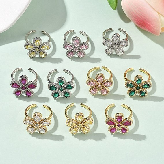 Кольца-манжеты из цветочной латуни с микропаве из кубического циркония для женщин, без кадмия и без свинца, стойки покрытие, настоящий 18k позолоченный/платиновый