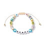Word Happy Heart Smiling Face Acrylic & Polymer Clay Braided Bead Bracelets, Nylon Thread Adjustable Bracelets