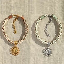 Женские ожерелья из плетеного хлопкового шнура с подвеской в виде солнца из латуни