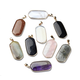 Mixed Gemstone Pendants, Golden Tone Brass Oval Charms