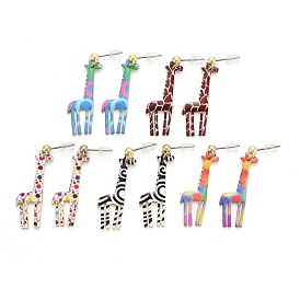 Alloy Dangle Stud Earrings, with Enamel, Eco-Friendly Stainless Steel Pins and Ear Nuts, Printed, Giraffe