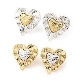 Brass Stud Earrings, with 925 Sterling Silver Pin, Textured, Heart