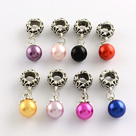 Alloy European Dangle Charms, with Round ABS Plastic Imitation Pearl, 31mm, Hole: 6mm