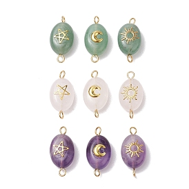 9Pcs 9 Styles Natural Rose Quartz & Green Aventurine & Amethyst Connector Charms, Oval Links with Golden Tone Sun & Moon & Star Brass Slices