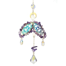Wing Brass & 304 Stainless Steel Hanging Suncatchers, with Glass Pendants and Natural Amethyst Chip Beads