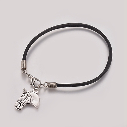 Unisex Charm Bracelets, with Cowhide Leather Cord, Tibetan Style Alloy Pendants and Lobster Claw Clasps, Horse