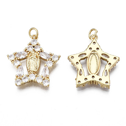Brass Clear Cubic Zirconia Pendants, Lady of Guadalupe Charms, Nickel Free, Star with Virgin Mary & Jump Rings