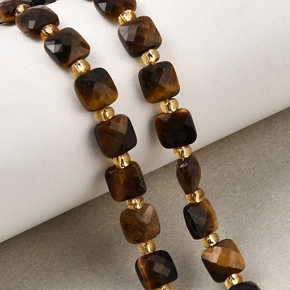 Natural Tiger Eye Beads Strands, Faceted Square, with Seed Beads