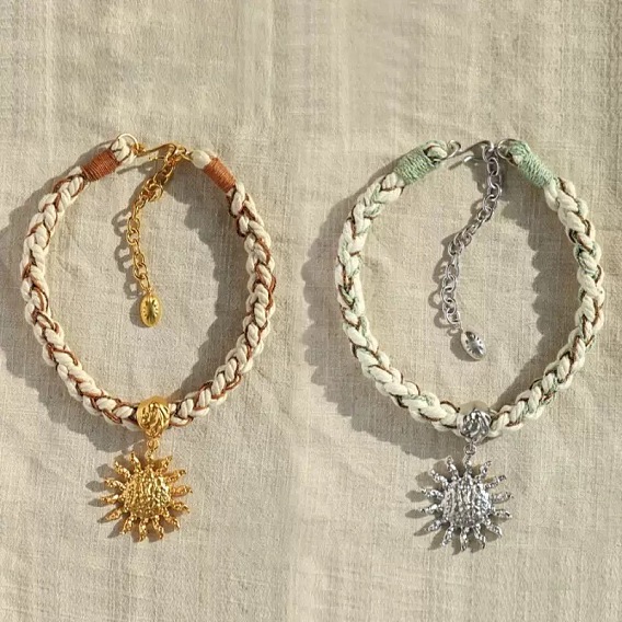 Женские ожерелья из плетеного хлопкового шнура с подвеской в виде солнца из латуни