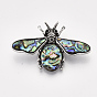 Shell Brooches/Pendants, with Rhinestone, Alloy Findings and Resin Bottom, Bee, Antique Silver