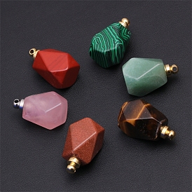 Gemstone Openable Perfume Bottle Pendants, Faceted Polygon Perfume Bottle Charms with Golden Plated Metal Cap