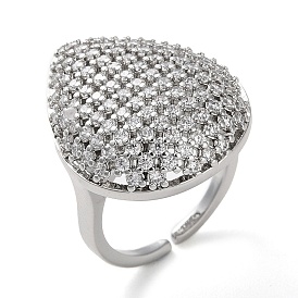 Plating Brass Micro Pave Cubic Zirconia Open Cuff Rings, Cadmium Free & Nickel Free & Lead Free, Teardrop