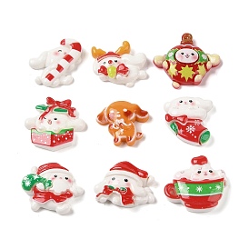 Christmas Rabbit Theme Opaque Resin Decoden Cabochons, Candy Cane/Deer/Christmas Bell/Box/Gingerbread Man/Santa Claus/Cup