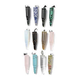 Mixed Gemstone Pointed Pendants, Bullet Shape Charms with Platinum Plated Iron Snap on Bails