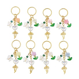 Llaveros colgantes de cristal y acrílico con forma de flor, para monedero, adorno de mochila, con llaveros divididos y componentes de aleación y hierro., color mezclado