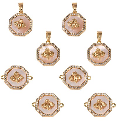 DIY Jewelry Making Findings Kits, Including Brass Micro Pave Clear Cubic Zirconia Charms & Connector Charms, with Shell, Polygon with Bee, Cadmium Free & Nickel Free & Lead Free