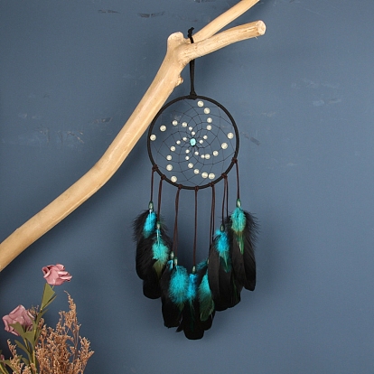 Telaraña/red tejida con adornos colgantes de plumas, Anillo de hierro y cuentas de madera para decoración de pared del dormitorio, sala de estar y hogar