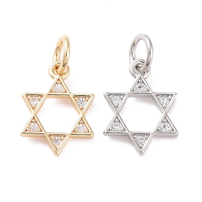 Brass Micro Pave Clear Cubic Zirconia Charms, with Jump Ring, Cadmium Free & Lead Free, Star of David