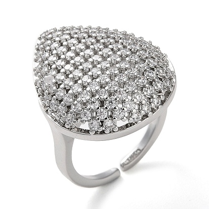 Plating Brass Micro Pave Cubic Zirconia Open Cuff Rings, Cadmium Free & Nickel Free & Lead Free, Teardrop