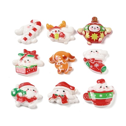 Cabujones decodificados de resina opaca con tema de conejo navideño, bastón de caramelo/ciervo/campana de navidad/caja/hombre de jengibre/papá noel/taza