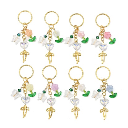 Llaveros colgantes de cristal y acrílico con forma de flor, para monedero, adorno de mochila, con llaveros divididos y componentes de aleación y hierro., color mezclado