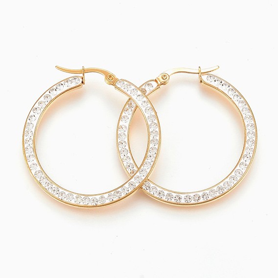 304 Stainless Steel Hoop Earrings, with Polymer Clay Rhinestone