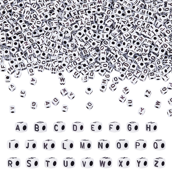 1300Pcs 26 Styles White Opaque Acrylic Beads, Horizontal Hole, Cube with Black Alphabet