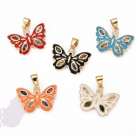 Brass Micro Pave Clear Cubic Zirconia Pendants, with Enamel, Long-Lasting Plated, Real 18K Gold Plated, Butterfly