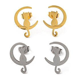 304 Stainless Steel Stud Earrings for Women, Moon with Cat