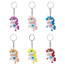 6Pcs 6 Colors Cartoon Unicorn PVC Plastic Keychain, with Iron Split Key Rings