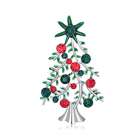 Christmas Tree Enamel Pin with Colorful Rhinestone, Platinum Alloy Brooch for Backpack Clothes